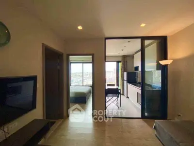 Modern apartment interior with open layout and city view