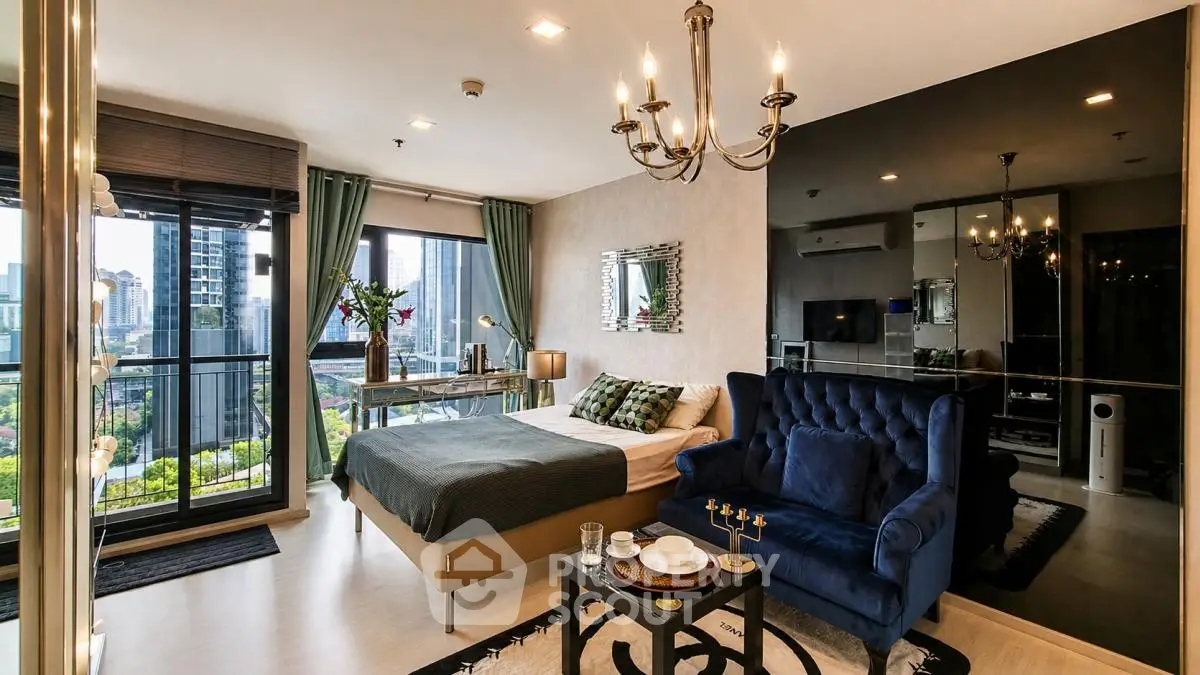 Luxurious modern bedroom with city view and elegant decor