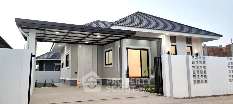 Modern single-story house with sleek design and spacious driveway