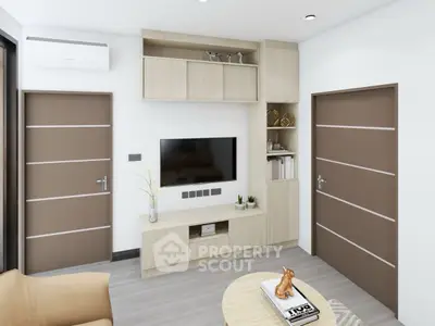 Modern living room with sleek wooden furniture and wall-mounted TV