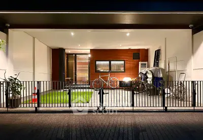 Modern garage with bicycles and storage space in contemporary home