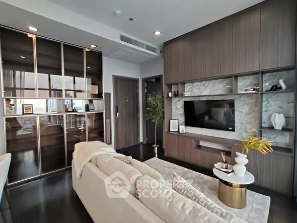 Modern living room with sleek design and built-in TV unit