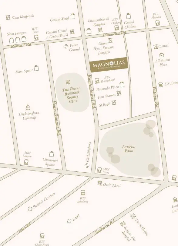 Map highlighting Magnolias Ratchadamri Boulevard near Lumpini Park in Bangkok.