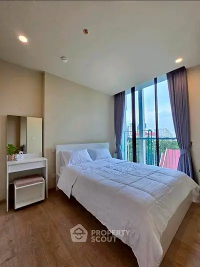 Modern bedroom with large windows and city view, featuring a cozy bed and stylish decor.