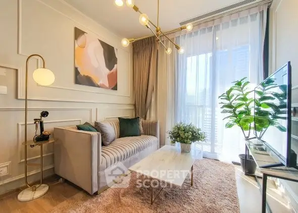 Stylish living room with modern decor, large window, and cozy seating area.