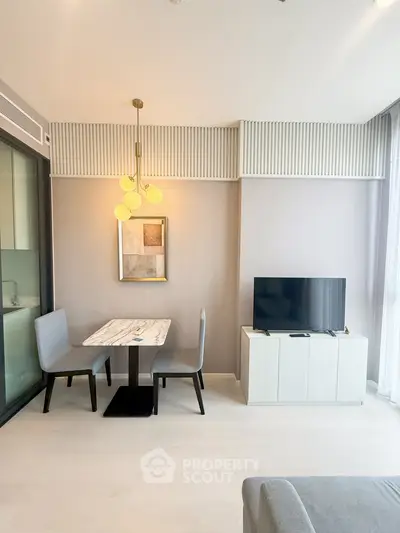 Modern living room with elegant dining area and stylish decor