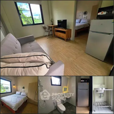 Modern studio apartment with cozy living area, compact kitchen, and stylish bathroom.