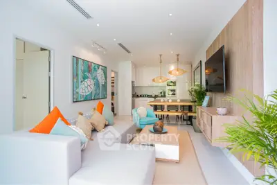 Modern living room with stylish decor and open kitchen layout, perfect for entertaining.