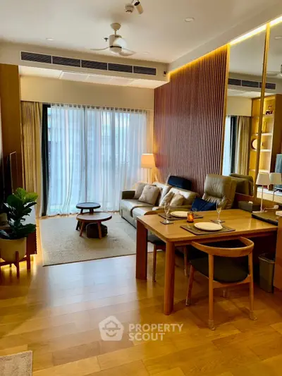 Modern living room with stylish decor, wooden flooring, and cozy seating area.