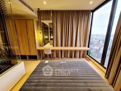 Luxurious bedroom with panoramic city view and modern furnishings