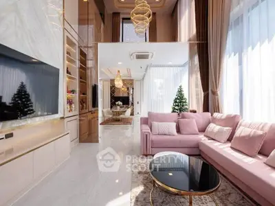 Luxurious modern living room with high ceilings, elegant decor, and spacious layout, perfect for stylish living.