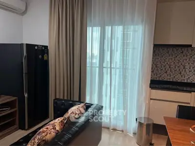 Modern apartment interior with stylish kitchen and cozy living area