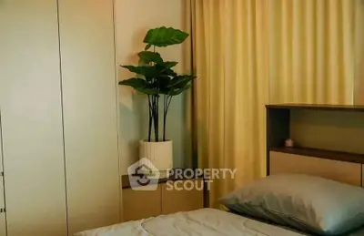 Cozy bedroom with modern decor and potted plant, perfect for relaxation.
