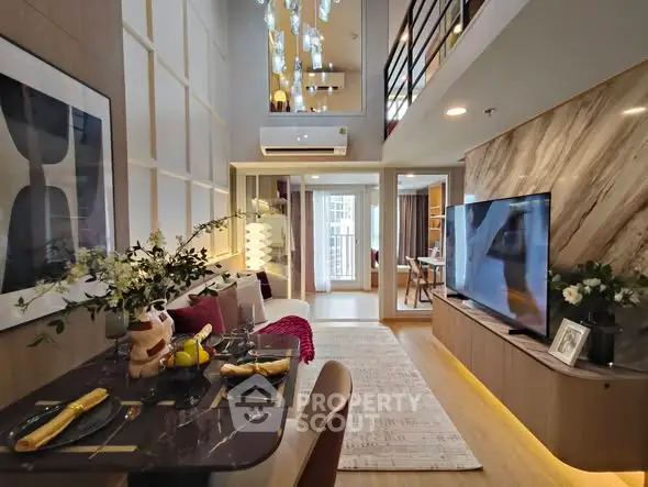 Luxurious modern living room with high ceiling and elegant decor