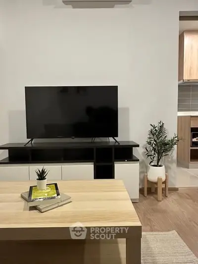 Modern living room with sleek TV setup and stylish decor