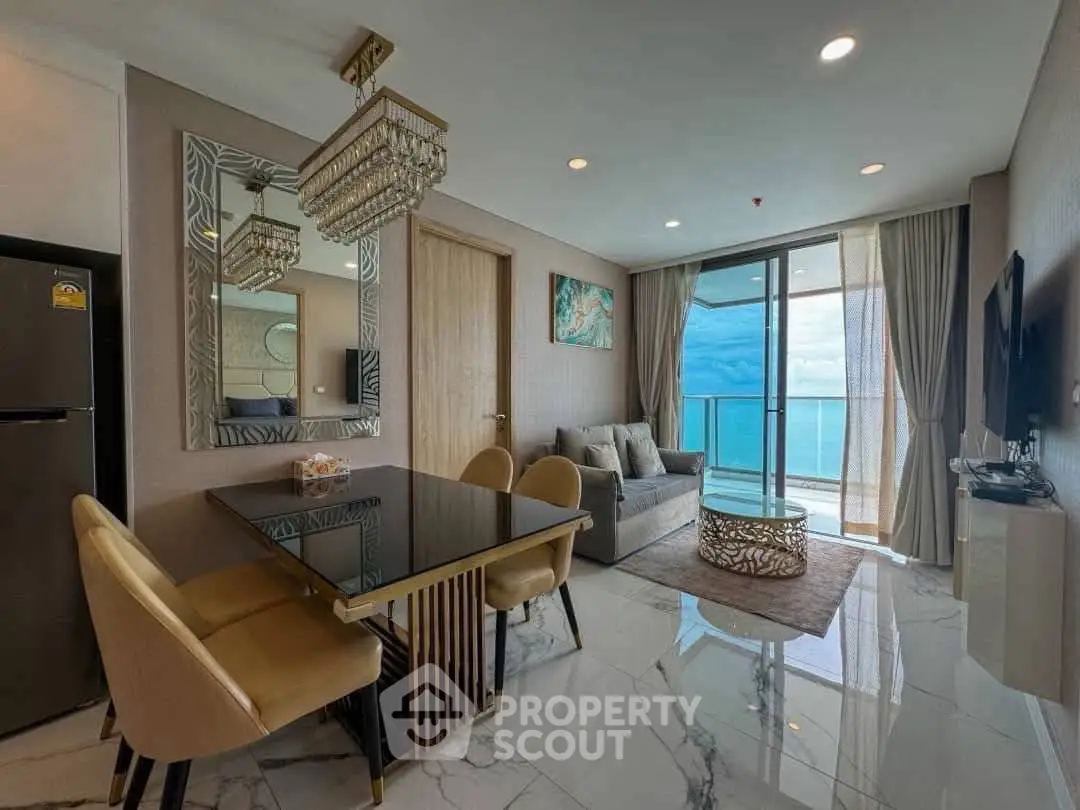 Luxurious modern living room with ocean view and elegant decor