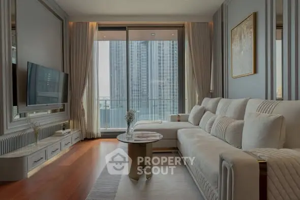 Luxurious living room with modern decor and stunning city view.