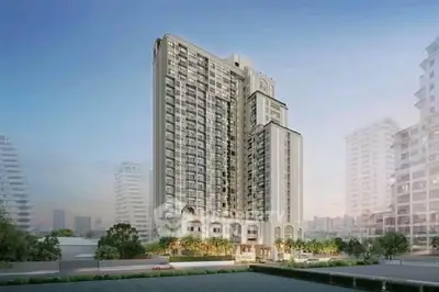 Stunning high-rise residential building with modern architecture and lush landscaping.