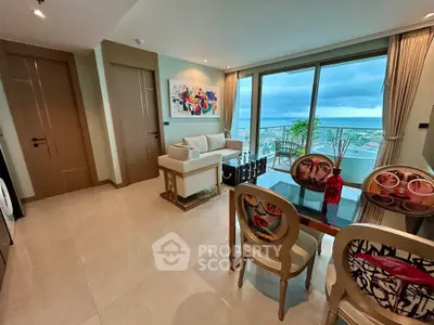 Luxurious living room with stunning ocean view and elegant dining area
