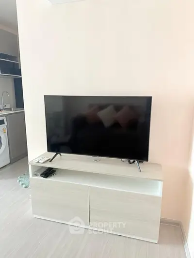 Modern living room with sleek TV stand and washing machine in open layout design.