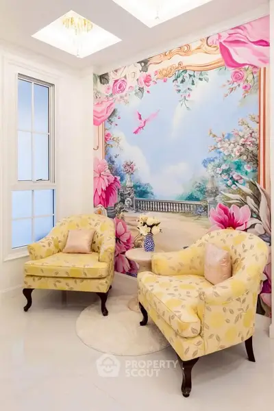Elegant living room with floral wallpaper and yellow armchairs