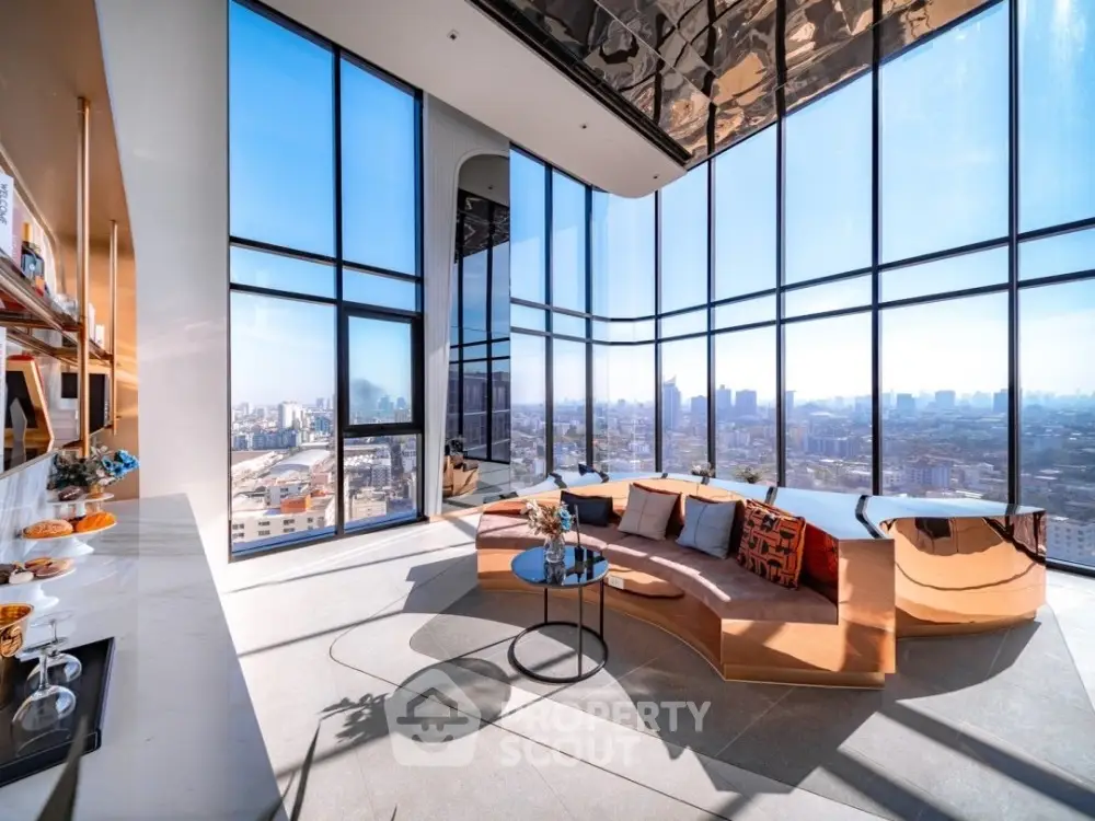 Luxurious modern living room with panoramic city views and elegant decor