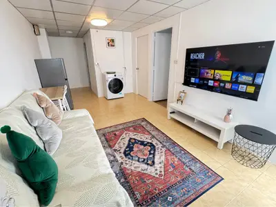 Cozy living room with modern TV setup and washing machine, perfect for relaxation and convenience.