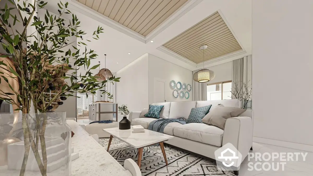 Elegant living room with high vaulted ceiling, chic white sofa, patterned rug, and modern decor, creating a luxurious and spacious interior ambiance.