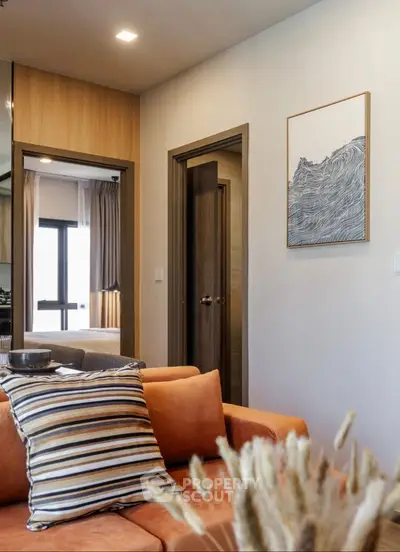 Modern living room with stylish decor and cozy seating area