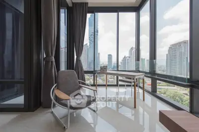 Modern high-rise apartment with floor-to-ceiling windows offering stunning city views.