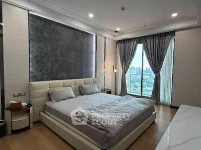Luxurious bedroom with city view and elegant decor in modern apartment