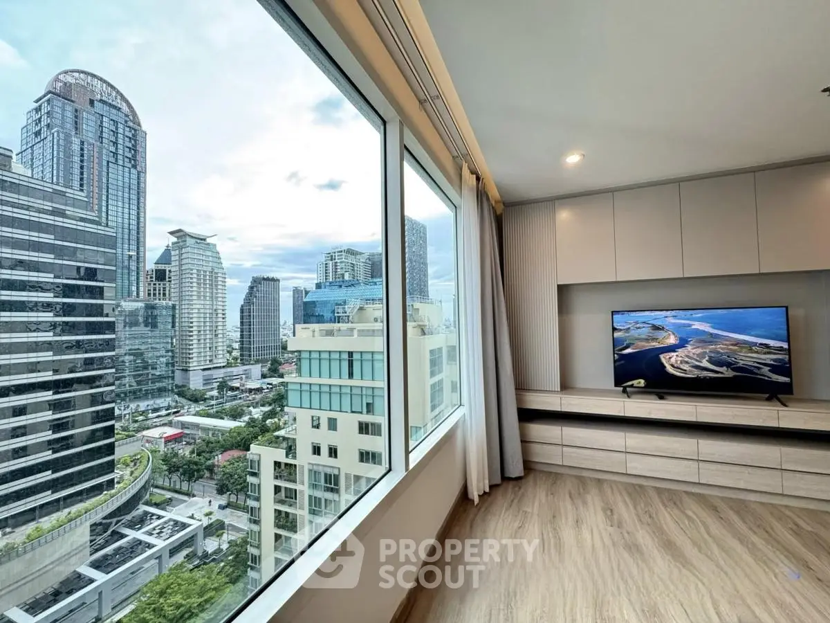 Modern living room with stunning city view and sleek TV setup