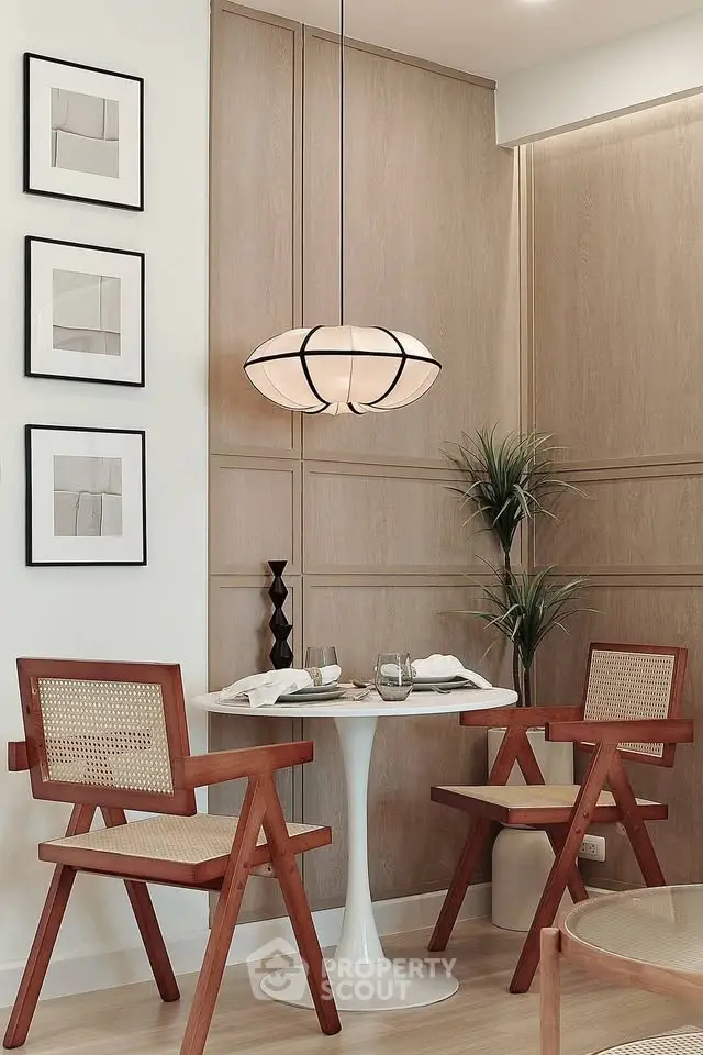 Stylish dining nook with modern chairs and pendant light in cozy apartment
