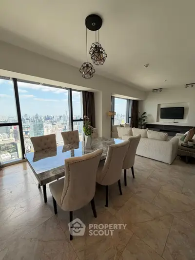 Luxurious dining area with panoramic city views and elegant furnishings