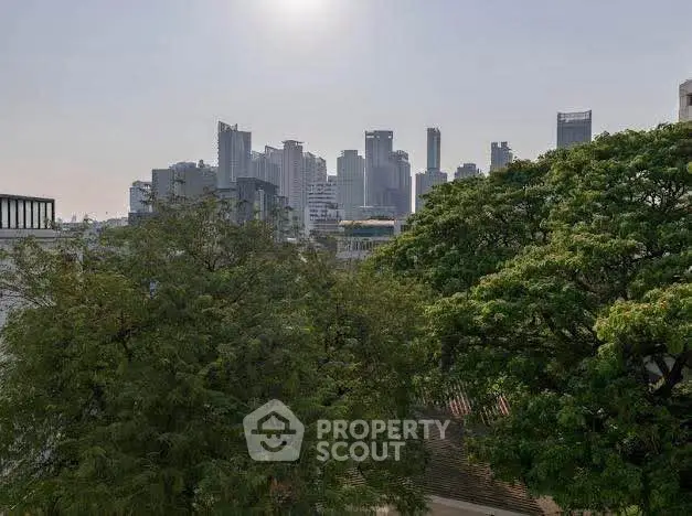 Stunning city skyline view with lush greenery in the foreground, perfect for urban living enthusiasts.