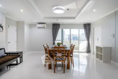 Spacious modern dining area with city view and elegant furnishings