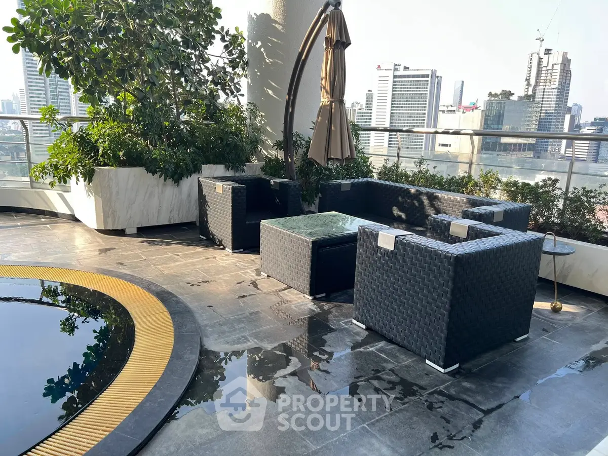 Luxurious rooftop terrace with modern seating and stunning city views, perfect for relaxation and entertainment.