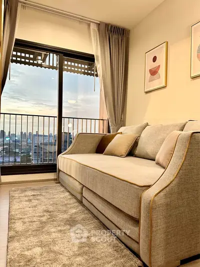 Stylish living room with cozy sofa and city view from large window, perfect for urban living.