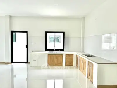 Spacious modern kitchen with sleek cabinetry and ample natural light, perfect for culinary enthusiasts.