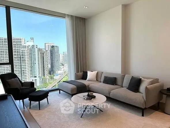 Modern living room with stunning city view and stylish furniture