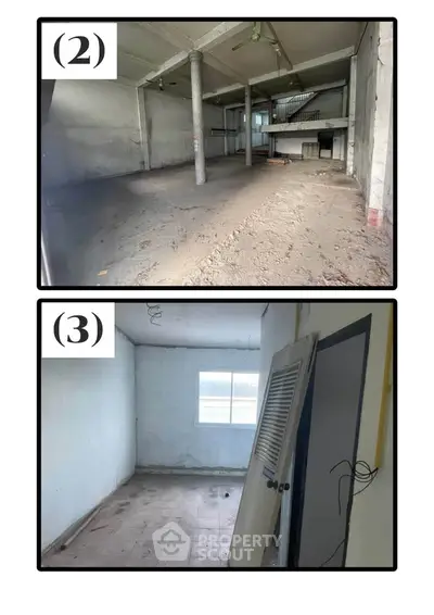 Spacious industrial warehouse interior with high ceilings and ample natural light.