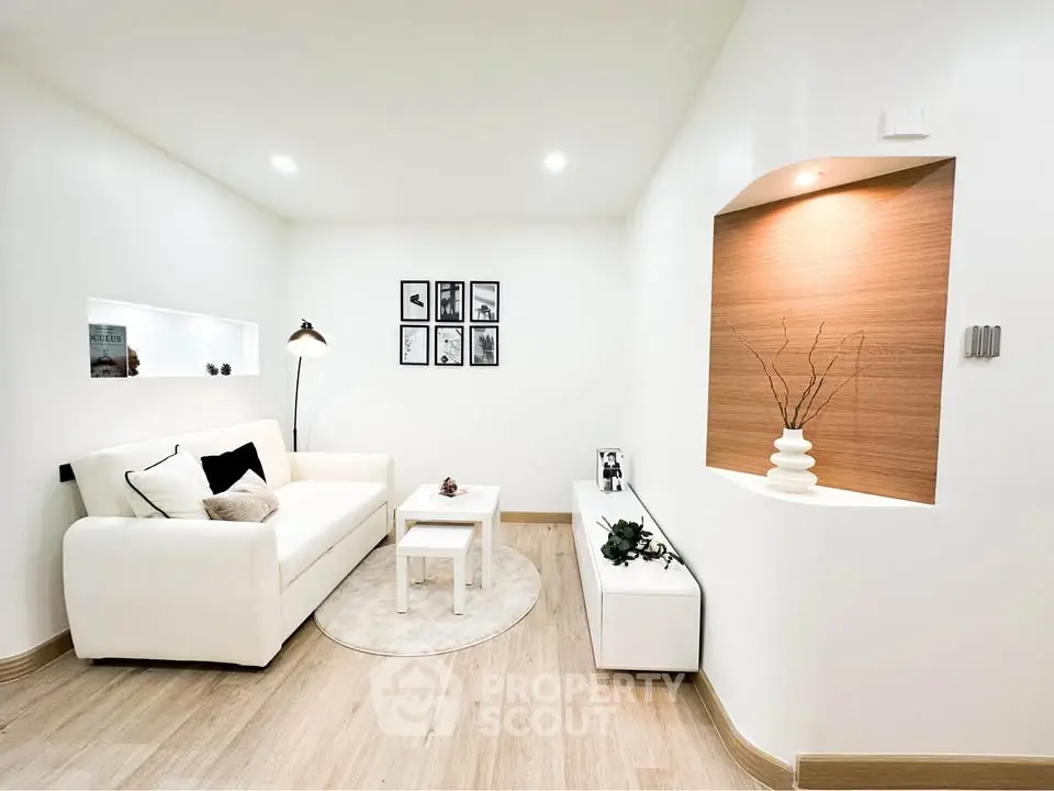 Modern minimalist living room with white sofa and wooden accents