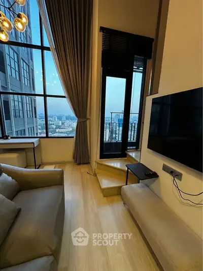 Modern living room with stunning city view and elegant decor
