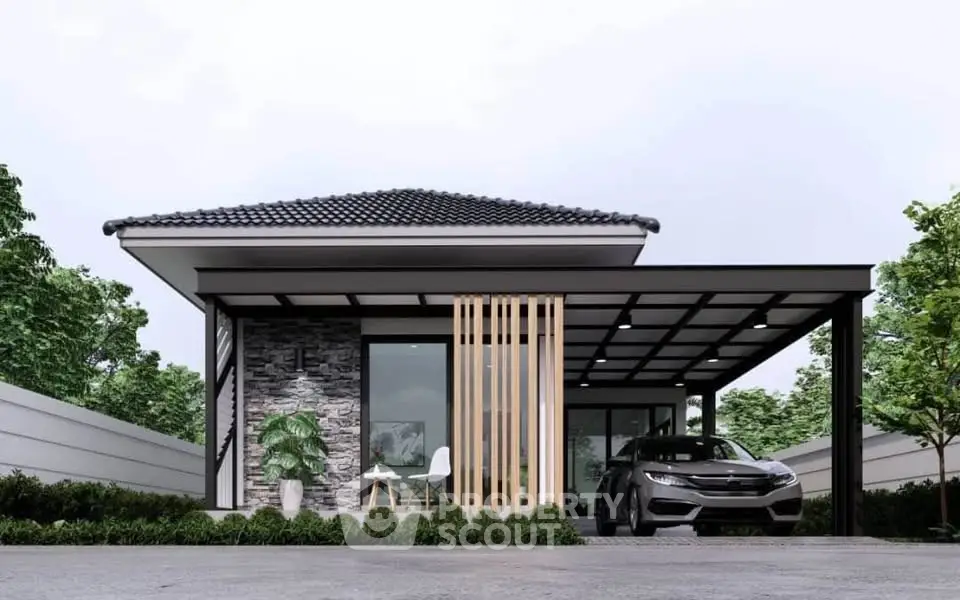 Modern single-story house with carport and stylish facade, surrounded by lush greenery.