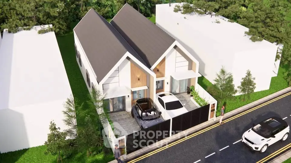 Modern duplex with sleek design and spacious driveway in a lush green neighborhood.