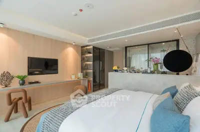 Luxurious modern bedroom with stylish decor and spacious layout