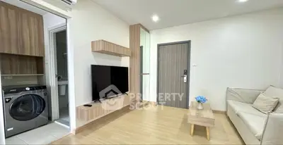 Modern living room with TV, washing machine, and stylish furniture in a cozy apartment.