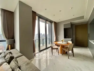 Modern living room with city view and elegant dining area in luxury apartment.
