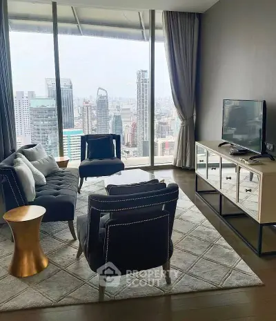 Luxurious living room with stunning city view, modern furniture, and floor-to-ceiling windows in high-rise apartment.