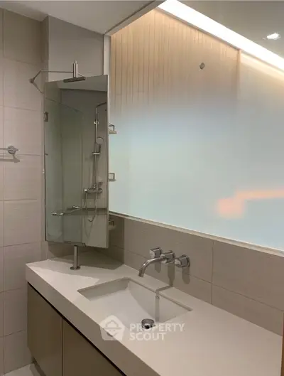 Modern bathroom with sleek design and frosted glass panel